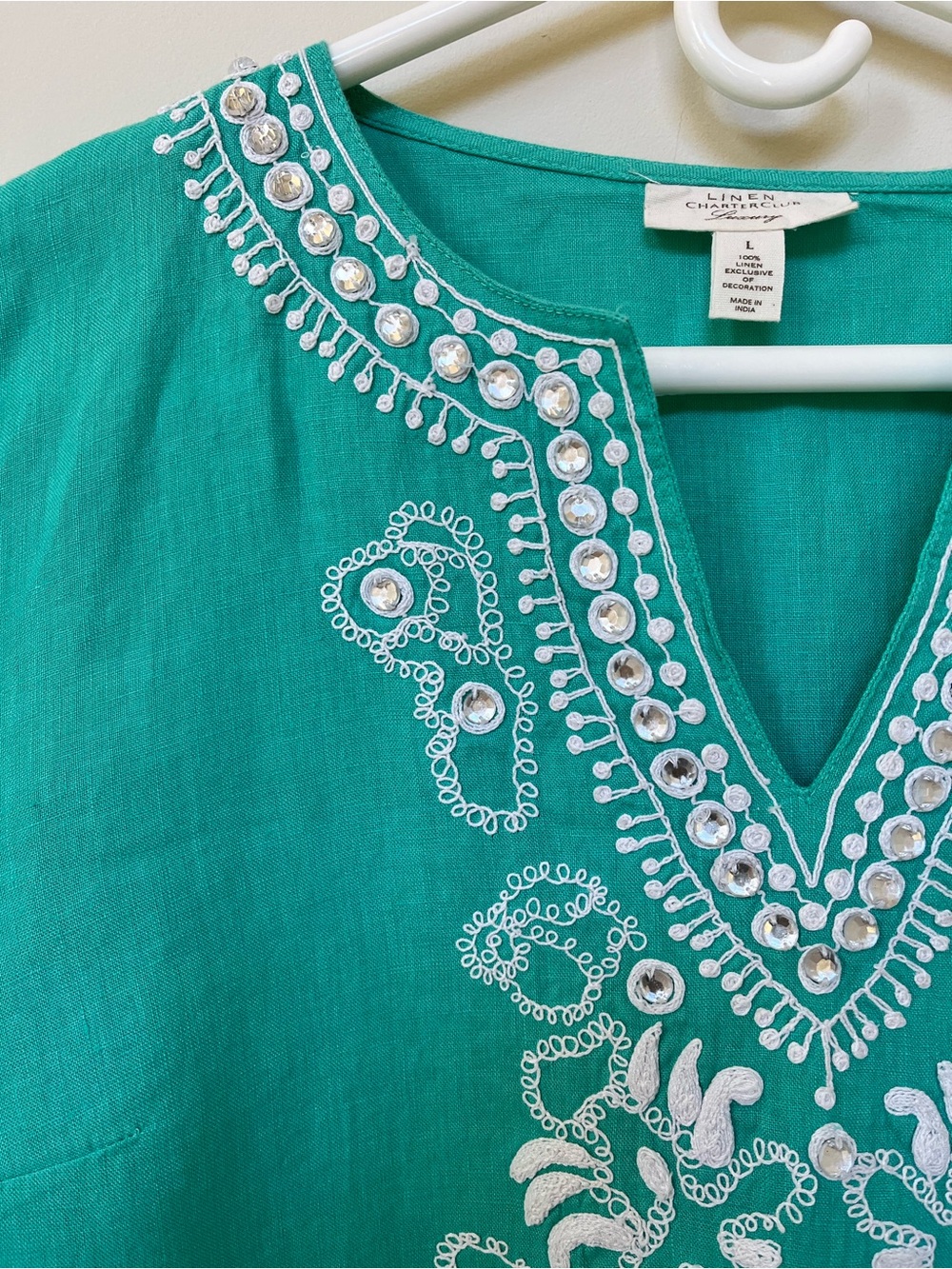 100% Luxury Linen by Charter Club ~ Embroidered Tunic - Aqua ~ Size: Large - Picture 3 of 7